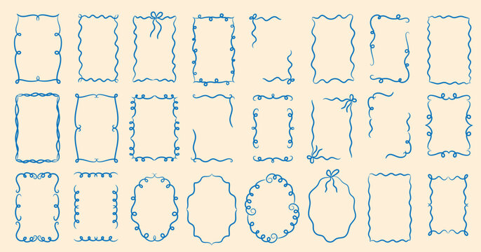 Hand drawn retro frame vector set with doodle vintage borders, ribbons, and bows. Elegant swirly line silhouettes perfect for invitations, greeting cards, postcards, and decorative design.