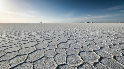 Fototapeta premium Vast salt flats with hexagonal patterns under a clear sky