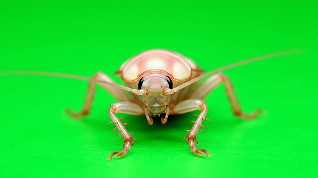 Pale Cockroach Close Up on Green Screen Background Arthropod Pest Isolated, Macro Detailed Look at Insect, Cutout for