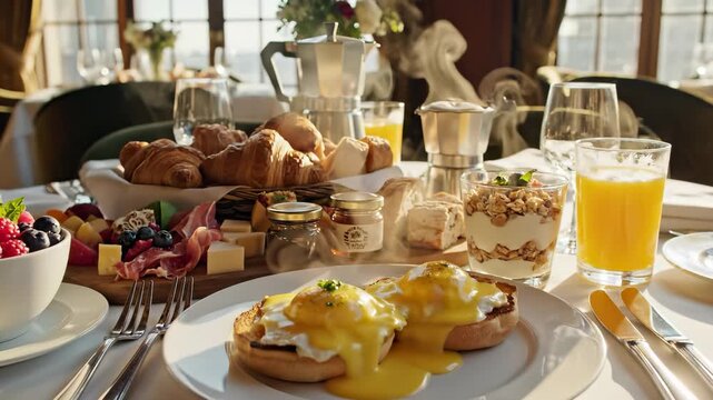 A table is elegantly set for breakfast, featuring delicious eggs Benedict. Fresh fruits, pastries, and beverages complement the inviting breakfast spread.