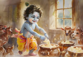A serene depiction of a young child, likely Lord Krishna, engaged in butter making with cows in a rustic setting, symbolizing innocence and rural life.