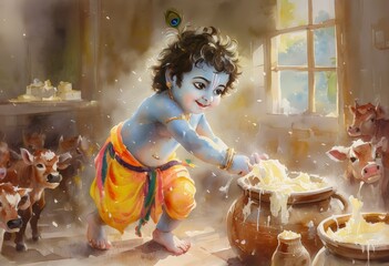 A joyful depiction of a young child playing with butter in a rustic kitchen, surrounded by cows, symbolizing innocence and rural life.