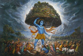 A divine figure balances a floating island above a crowd, symbolizing protection and blessings amidst a stormy sky.