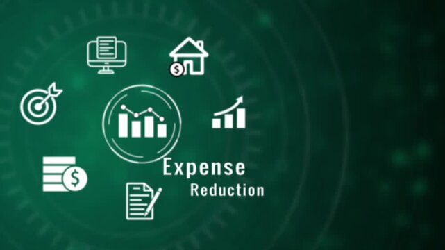 Digital infographic displaying financial for expense analysis including a computer screen with charts a house a target with an arrow stacked coins with a dollar sign and a document with a pencil