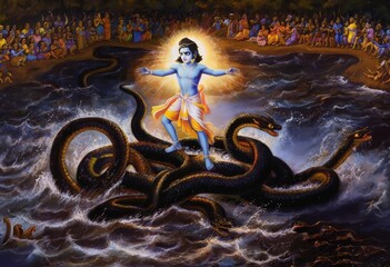 A divine figure standing triumphantly on a coiled serpent, surrounded by a crowd of onlookers, symbolizing a mythological battle or victory.