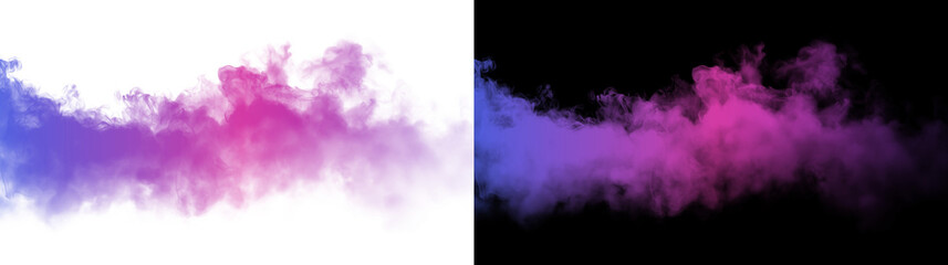 Naklejka premium Colorful smoke cloud in purple and pink tones isolated on black and white background. Abstract fog texture for creative overlay and design.