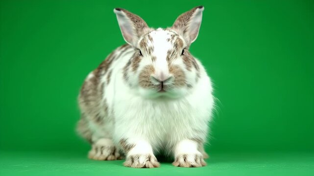 Rabbit with White and Brown Fur Isolated on Green Screen Background, Close Up Portrait of a Rabbit on Green Background