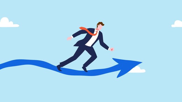 A businessman confidently stands on a large arrow sliding through a looping sky with moving clouds. Symbolizes fast progress, direction, and moving towards goals.