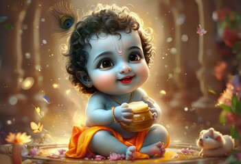 A serene and divine depiction of a baby figure adorned with a peacock feather, sitting amidst a golden, ethereal forest with butterflies and flowers, symbolizing purity and spiritual enlightenment.