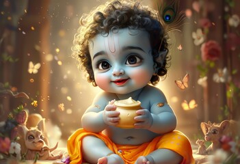 A serene and magical scene of a baby surrounded by nature, holding a pot, with butterflies and flowers in a warm, glowing forest setting.