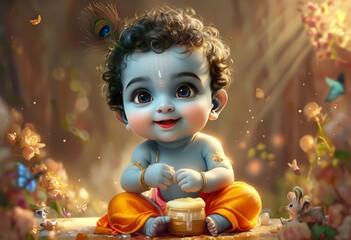 A serene and enchanting depiction of a baby in traditional attire, surrounded by nature and butterflies, exuding a sense of innocence and wonder.