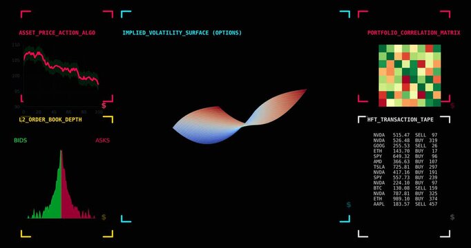 Quantitative Trading Engine Dashboard with HFT Algorithms, Market Data Visualization, Order Book Depth, Volatility Surface and Portfolio Correlation Matrix