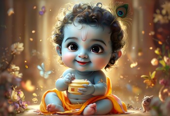 A serene and enchanting depiction of a baby with a peacock feather, surrounded by a magical forest with butterflies and golden light, evoking a sense of innocence and wonder.