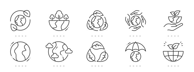 Obraz premium Clean environment icon set featuring eco earth, sustainability, recycle, renewable energy, climate, netzero, biodiversity, conservation; outline line style, editable stroke