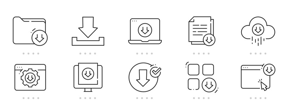 Download icon set featuring cloud, arrow, file, folder, browser, mobile, wifi, sync, update, security; clean outline line style, editable stroke