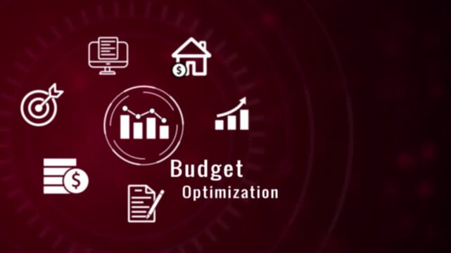 Vibrant red digital showcasing financial such as a computer screen target coins house and a bar graph with the word Budget in white text centered within a circular gear-like pattern