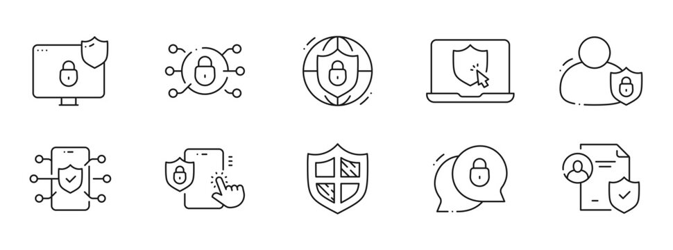 Clean outline privacy policy icons covering security, GDPR compliance, encryption, consent, user data protection, access control, authentication, mobile, browser, lock8