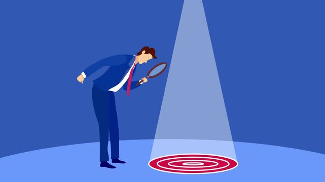 A businessman using a magnifying glass as a light beam reveals a glowing bullseye logo on the floor. Animation symbolizing finding goals, precision, and success.