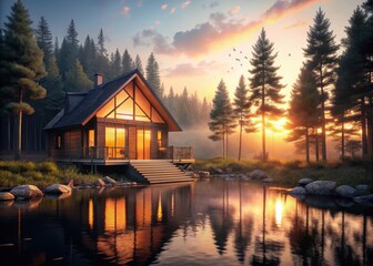 Fototapeta premium A serene wooden cabin surrounded by towering trees and a tranquil lake, bathed in warm golden light as dusk approaches