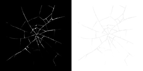 Glass with sharp shards, cracks, and an abstract damaged effect on a black and transparent PNG background. Suitable for digital art, video projects, and creating vibrant narrative images. © Ihor Nemynushchyi
