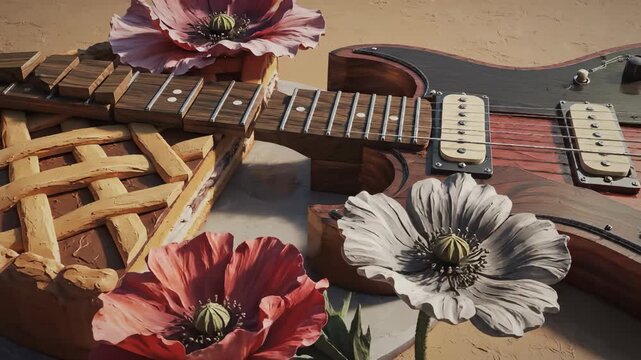 A realistic cake shaped like a pie is placed on a table next to a guitar. The colorful flowers are arranged around the pie, enhancing the artistic scene.