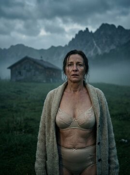 Frau mit Unterw&auml;sche und Strickweste auf einer Almwiese