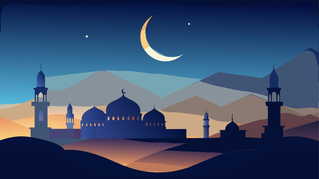 Nighttime mosque landscape with crescent moon and clouds