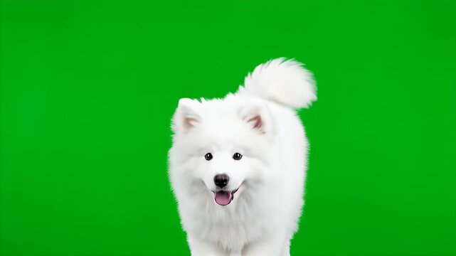 Samoyed Dog Trotting Happily on Green Screen Background Breed Isolated Studio Shot Adorable White Fur
