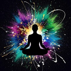 Meditative Silhouette Against Vibrant Abstract Background Stock Photo