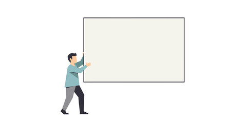 Man holding a large blank sign, standing sideways, viewed from the front in a simple illustration style