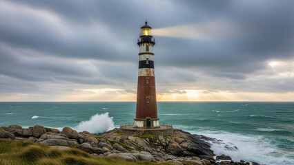 Obraz premium Majestic lighthouse against a stormy sea backdrop.