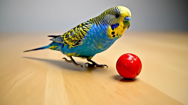 Colorful Budgie Bird Interacting with a Small Red Ball.