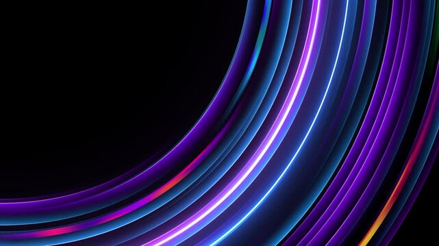 Glowing multi colored neon light rings on dark background loop