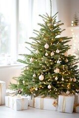Elegant christmas tree with gold ornaments and gift boxes in bright living room