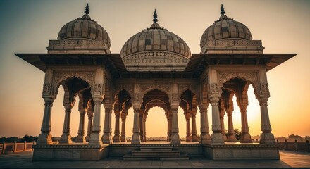 Fototapeta premium An ornate pavilion with domes and columns bathed in warm sunset hues