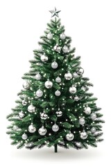Fototapeta premium Festive christmas tree with silver ornaments and star topper