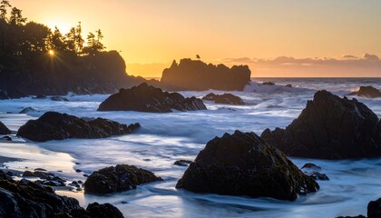 Serene ocean landscape at sunset.