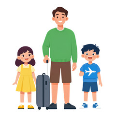 Fototapeta premium Man Holding Suitcase With Two Children