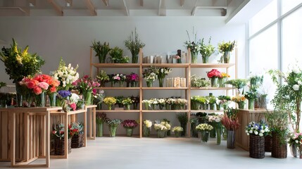 Fototapeta premium Rustic Florist Workshop Interior with Colorful Flowers and Wooden Tables