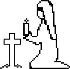 Fototapeta premium Pixel art nun kneeling in prayer holding candle beside cross on ground
