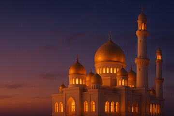 Obraz premium A stunning mosque with golden domes and minarets illuminated at dusk against a vibrant purple sky