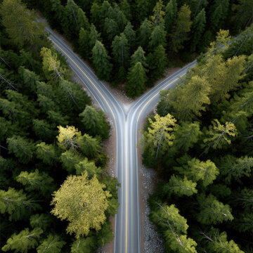 Two roads merge into one through dense green forest, aerial view, peaceful natural landscape, intersection, travel concept