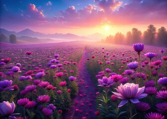 Fototapeta premium Heres the output A vibrant purple flower field in full bloom with delicate petals and lush greenery