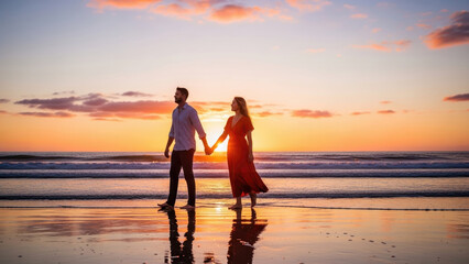Fototapeta premium Couple walks hand in hand on a stunning beach at sunset.