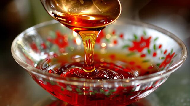 Spoon lifting amber honey from a decorative bowl, showcasing the smooth flow and glistening texture of the honey, captured in a close-up shot with floral patterns