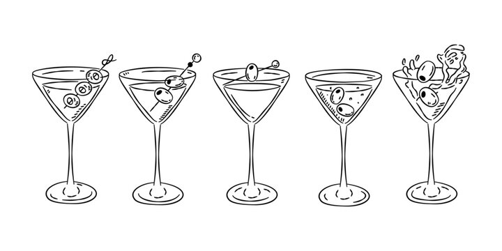 Minimalist line art collection of martini cocktails with olives in various garnishes and splash effects  for bar menu.