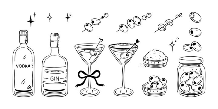 Hand-drawn dirty martini cocktail set featuring gin and vodka bottles, olives, and garnishes in a minimalist line art style for bar menu.