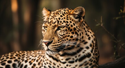 Fototapeta premium Close-up of a leopard with striking yellow eyes, spotted coat, and focused gaze