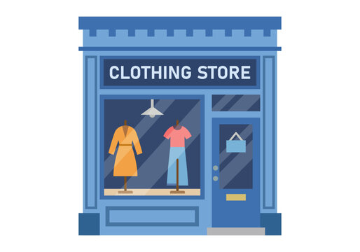 Fachada de una tienda de ropa de color azul con escaparate y maniqu&iacute;es