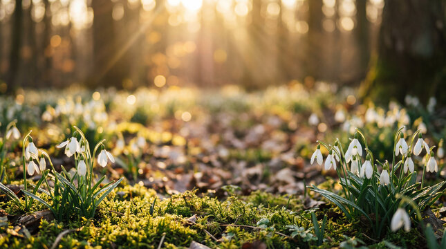 white snowdrops blooming on green moss in sunny forest. early spring nature landscape with sunbeams and bokeh. seasonal floral background. banner, website header with copyspace.
